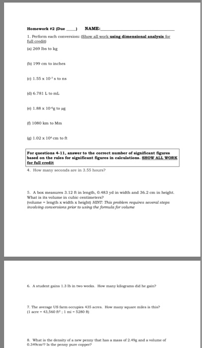 Homework 2 Duename All Credit A 269 Ibs To Kg B Chegg Com