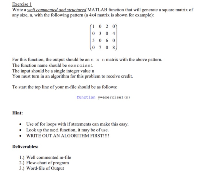 Exercise 1 Write a well commented and structured MATLAB function that will generate a square matrix of any size, n, with the