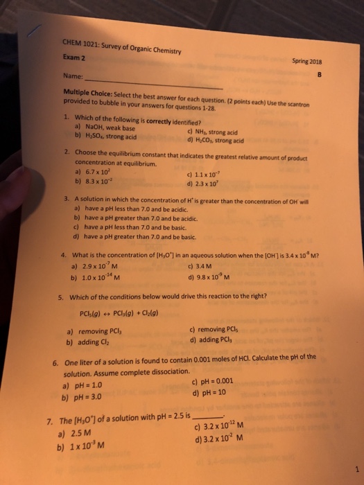 Solved CHEM 1021 Survey Of Organic Chemistry Exam 2 Name...