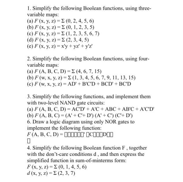 Solved 1 Simplify The Following Boolean Functions Using Chegg Com
