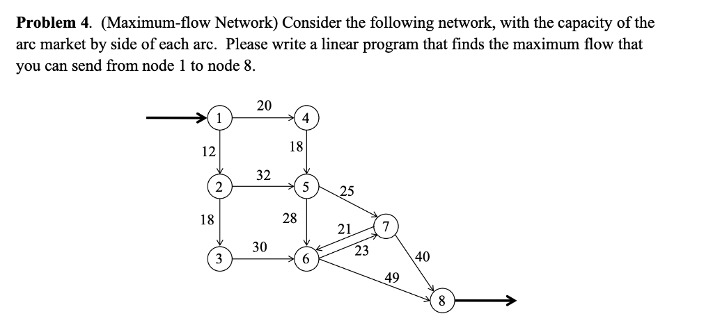 Problem 4. (Maximum-flow Network) Consider the following network, with the capacity of the arc market by side of each arc. Please write a linear program that finds the maximum flow that you can send from node 1 to node 8. 20 4 18 12 32 525 18 28 217 23 30 40 49