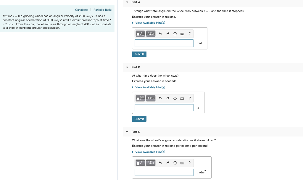 -Part A Constants Periodic Table Through what total angle did the wheel tum between 0 and the time it stopped? At time t 0 a