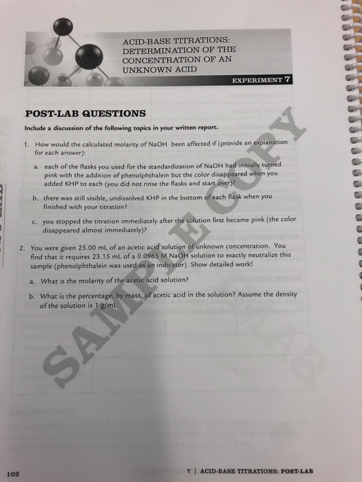 Solved Acid Base Titrations Determination Of The Chegg Com