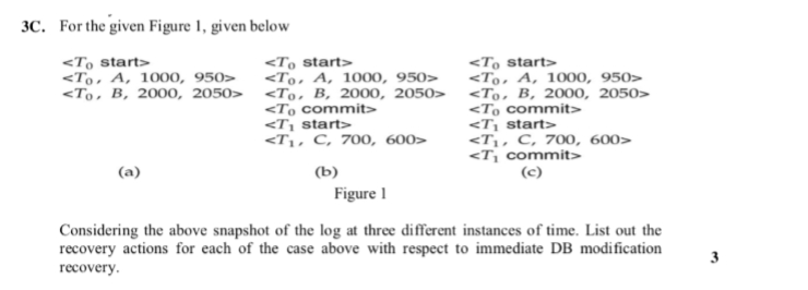 C. For the given Figure 1, given below <To start> <To. A, 1000, 950 <To start> <To start> <To. A, 1000, 950<To.A, 1000, 950> 2050 To, B, 2000, 2050> B, 2000, 2050> B, 2000, <To, <To COmmit> <T1 start> <T, C, 700, 600 <To , <To commit> <TI start <TiC, 700, 600 <T1 commit> Figure 1 Considering the above snapshot of the log at three different instances of time. List out the recovery actions for each of the case above with respect to immediate DB modification recovery