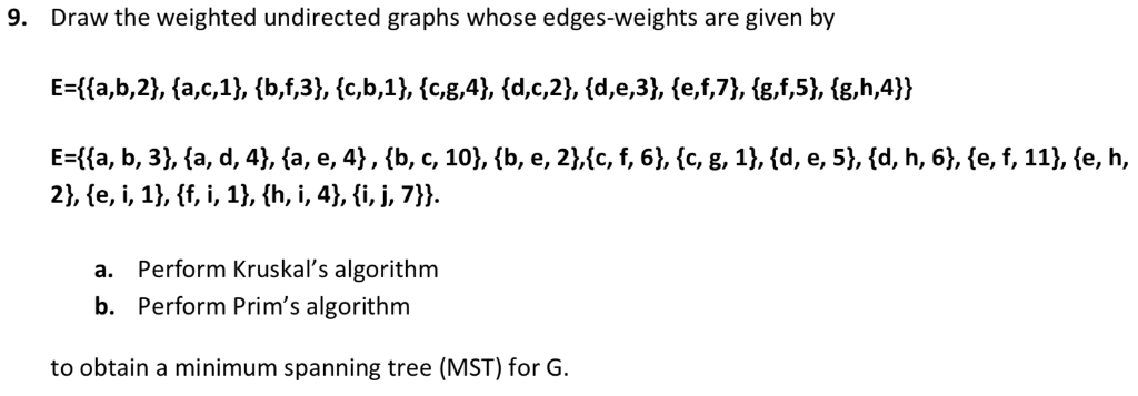 Draw the weighted undirected graphs whose edges-weights are given by 9. E-fa, b, 3), (a, d, 41, (a, e, 4), {b, c, 10), (b, e,