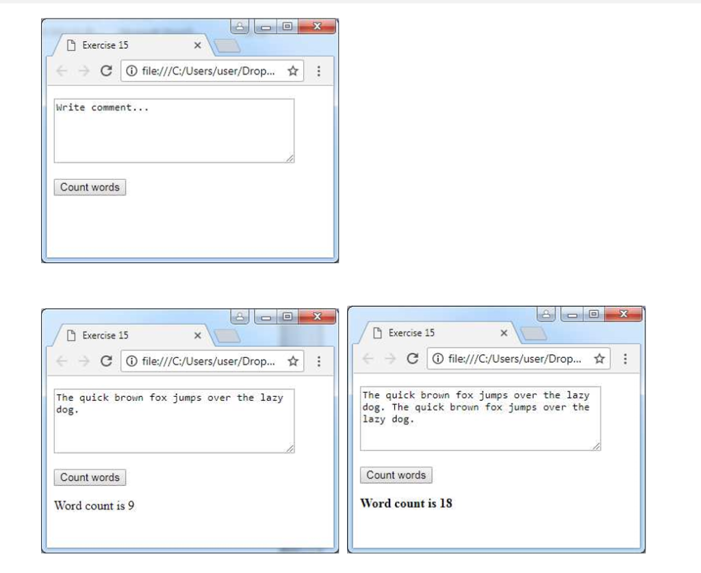 Exercise 15 С ⓘ file:///C:/Users/user/Drop.. Write comment... Count words Exercise 15 Exercise 15 C ⓘfile:///C/Users/user/Dr