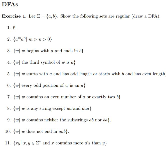 DFAs Exercise 1. Let 2- (a, b}. Show the following sets are regular (draw a DFA). 2. aa m>n0) 3. ww begins with a and ends in