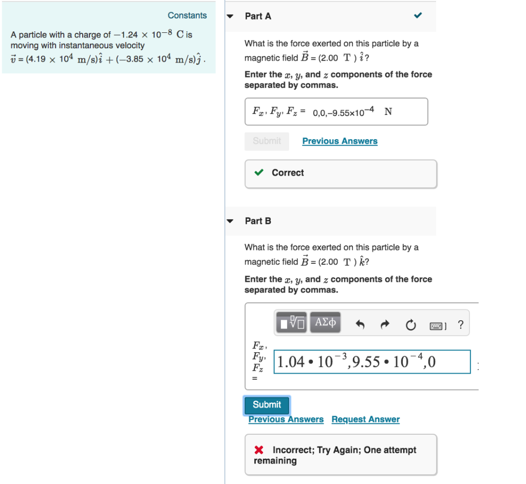 Solved A Particle With A Charge Of 1 24 10 8c Is Moving Chegg Com