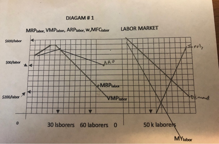 DIAGAM # 1 MRPtabor, VMPlabor, ARPlabor, w,MFCabor LABOR MARKET $600/labor Pe $0o/labor RP $200Mabor 30 Isborers 60 laborers 50 k labore MYlabor