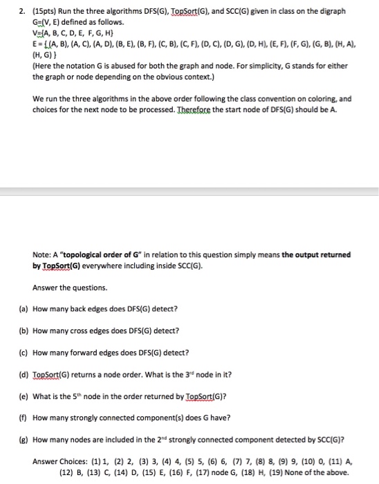 Solved 15pts Run Three Algorithms Dfs G Topsort G Scc G Given Class Digraph G V E Defined Follows Q3041