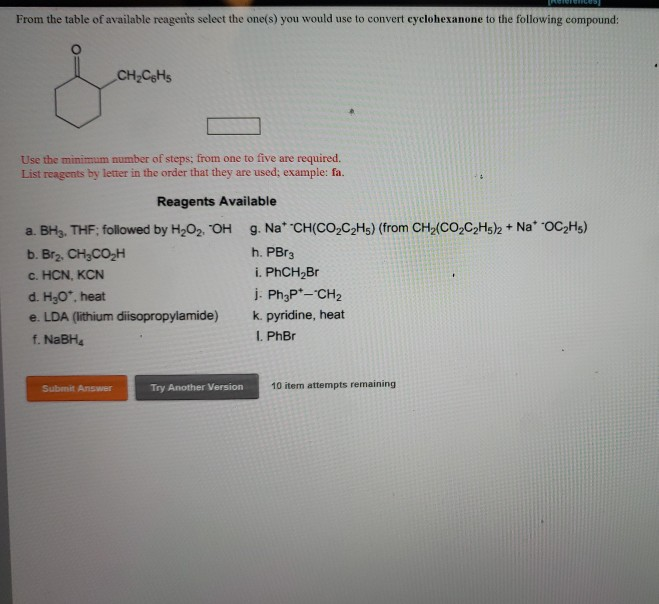 Solved From the table of available reagents select the