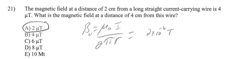 Solved 21) The magnetic field at a distance of 2 cm from a | Chegg.com