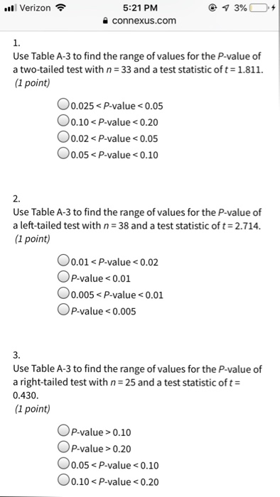 Solved 5 21 Pm A Connexus Com L Verizon 1 Use Table A 3 Chegg Com