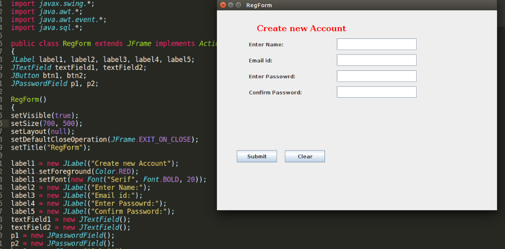 1 import javax. swing.* 2import java.awt. RegForm import java.awt.event.*; import java.sql.*; Create new Account 5 public cla