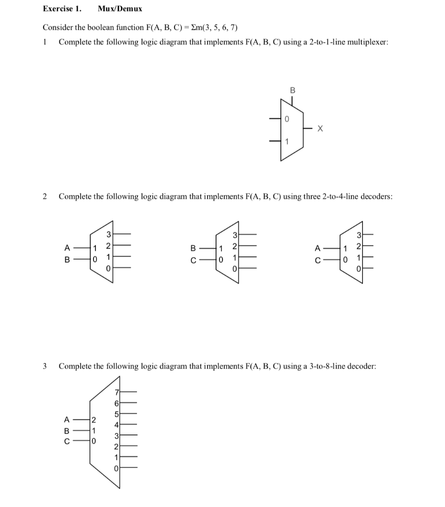 Exercise1.Mux/Demux Consider the boolean function F(A, B, C) 2m(3, 5, 6, 7) I Complete the following logic diagram that imple