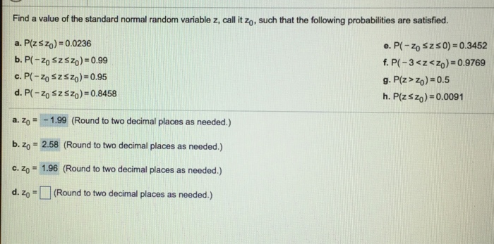 Solved Find A Value Of The Standard Normal Random Variabl Chegg Com