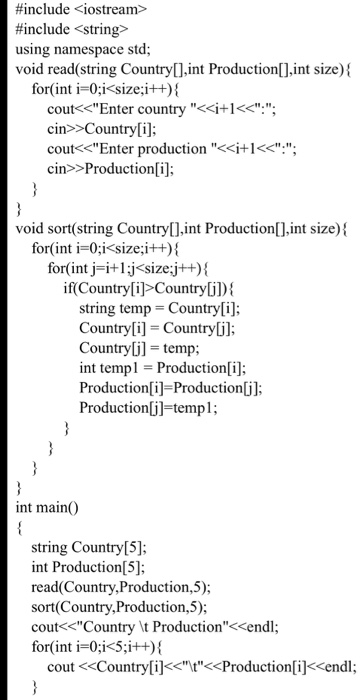 #include <iostream> #include <string> using namespace std; void read(string Country[J,int Production[],int size) for(int i-0;