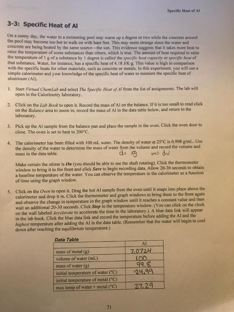 Specific Heat Of Al 3 3 Specific Heat Of Al N A Chegg 