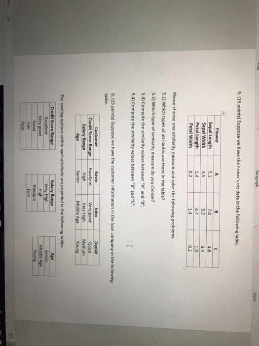 5. (15 points) Suppose we have the Fishers iris data in the following table. 7.0 3.2 Sepal Length Sepal Width Petal Length Petal Width 5.1 3.5 1.4 0.2 4.8 3.4 1.9 0.2 1.4 Please choose one similarity measure and solve the following problems. 5.1) Which types of attributes are there in the table? 5.2) Which type of similarity measure do you choose? 5.3) Compute the similarity values between A and B 5.4) Compute the similarity values between B and C. 6. (15 points) Suppose we have the customer information in the loan company in the following table. Daniel Good Medium Young Very good Salary Range Middle Credit Score Excellent Very good Fair Very High High Middle
