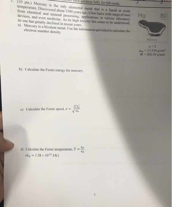 Solved Mercury Is The Only Chemical Metal That Is A Liqui
