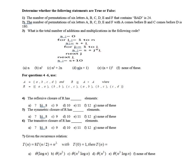 Solved Determine Whether The Following Statements Are Tru Chegg Com