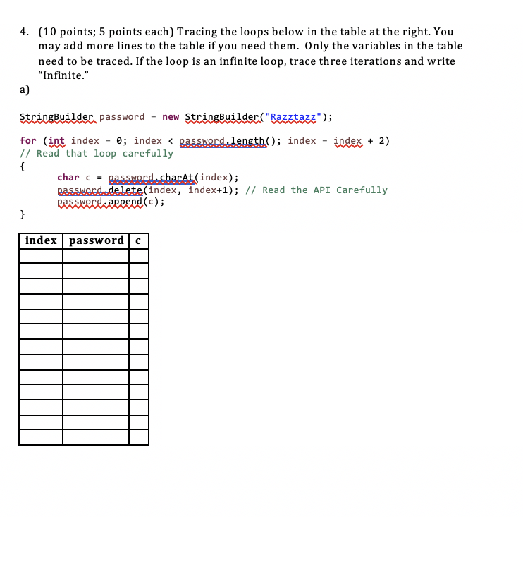 4. (10 points; 5 points each) Tracing the loops below in the table at the right. You may add more lines to the table if you n