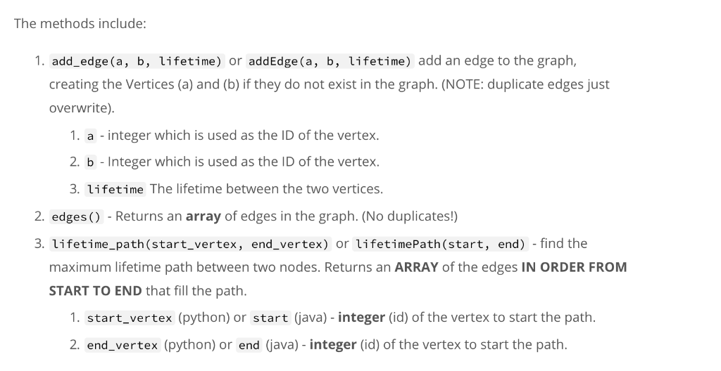 The methods include: 1. add_edge (a, b, lifetime) or addEdge (a, b, lifetime) add an edge to the graph, creating the Vertices
