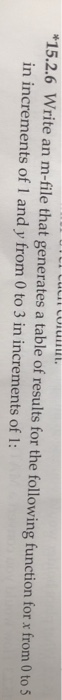15.2.6 Write an m-file that generates a table of results for the following function for x from 0 to 5 8 in increments of 1 an
