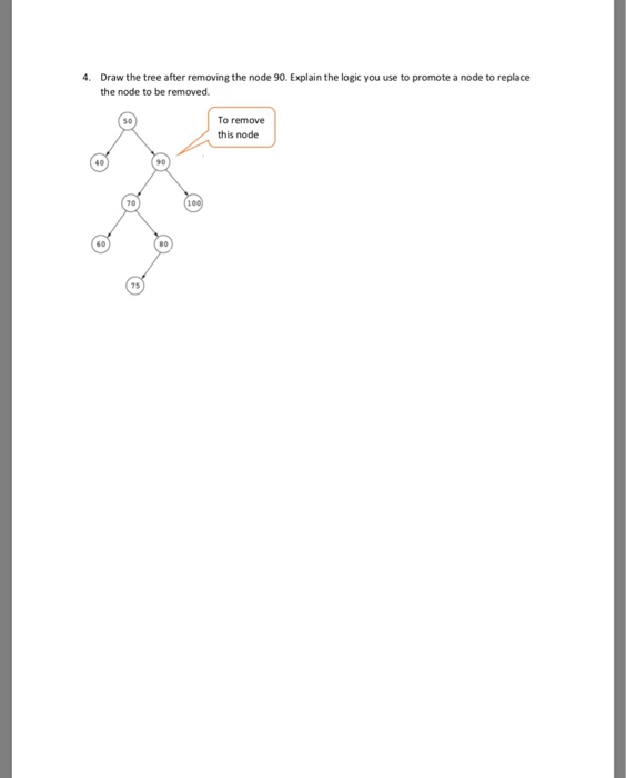 Draw the tree after removing the node 90. Explain the logic you use to promote a node to replace the node to be removed. 4. T