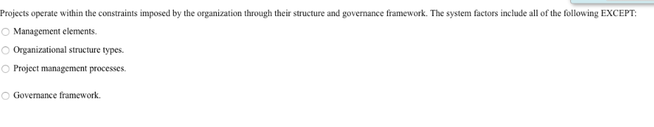 Projects operate within the constraints imposed by the organization through their structure and governance framework. The sys