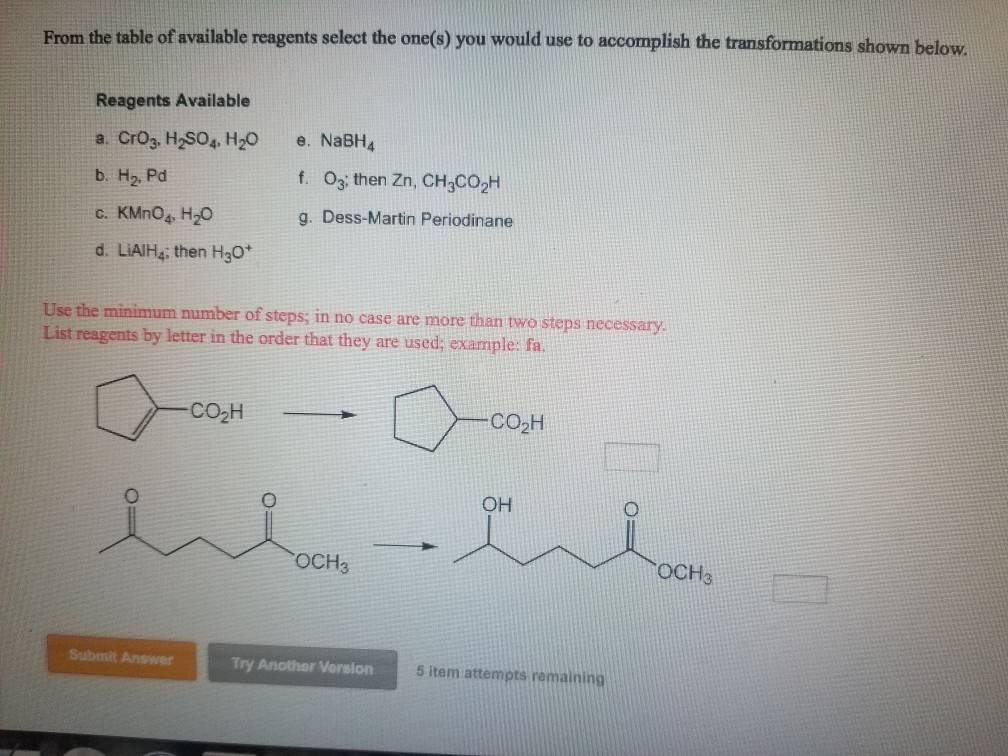 Solved From the table of available reagents select the