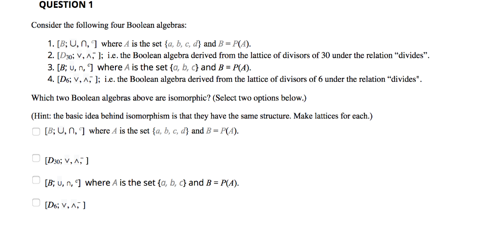 Solved Question 1 Consider The Following Four Boolean Alg Chegg Com