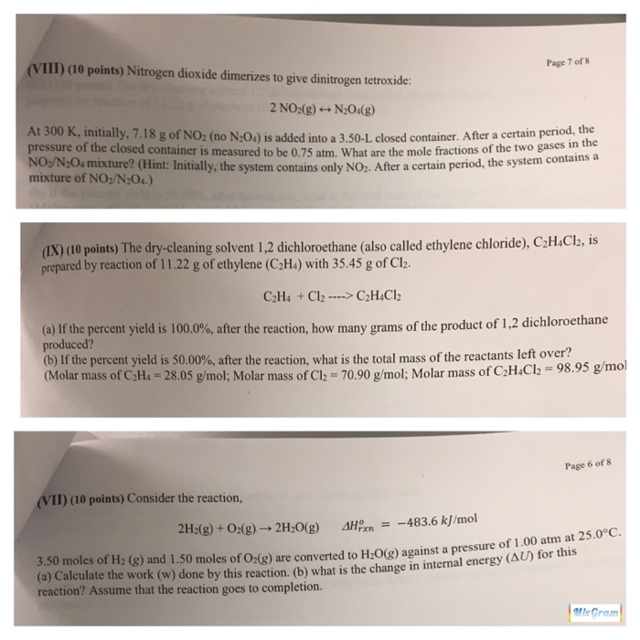 Solved Viii 10 Points Nitrogen Dioxide Dimerizes To G Chegg Com