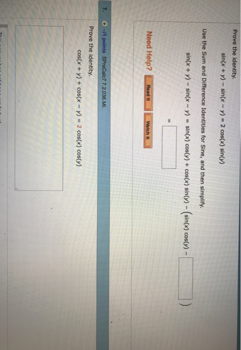 Solved Prove The Identity Sin X Y Sin X Y 2 Cos X Chegg Com