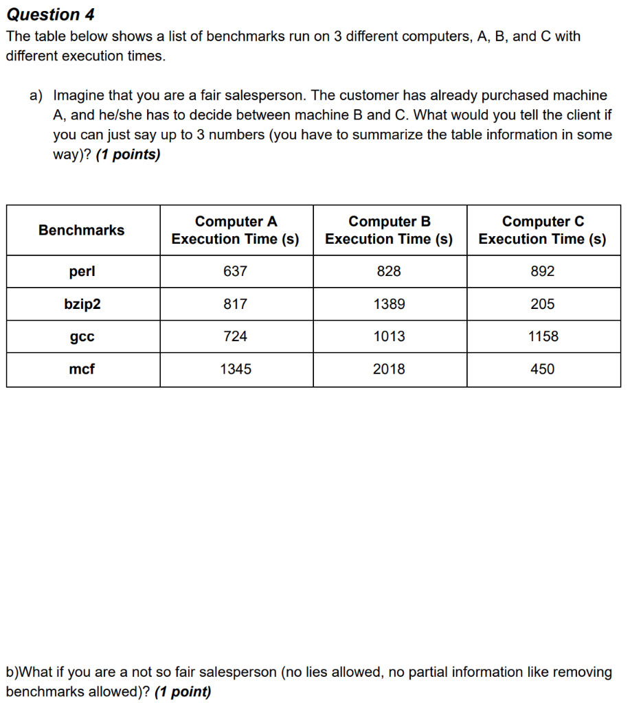 Question 4 The table below shows a list of benchmarks run on 3 different computers, A, B, and C with different execution time