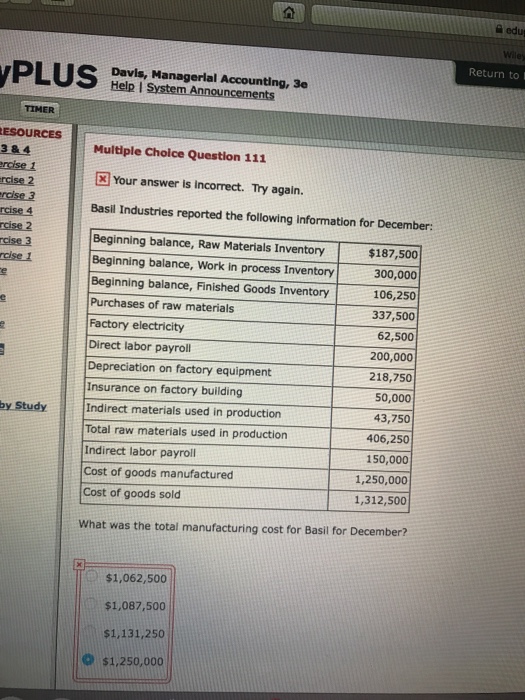 Solved: A Edu Wiley Return To Davis, Managerial Accounting... | Chegg.com