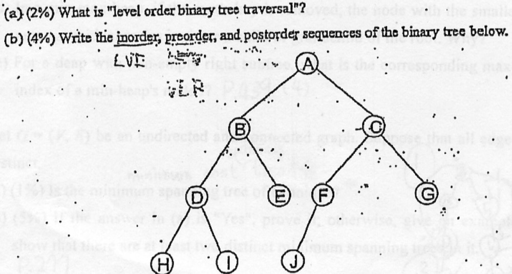 (a) (2%) What islevel order binary tree traversal? (b) (4%) Write hejnorder, preorder, and postorder sequences of the binary tree below. . E) (F)