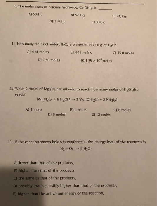 Solved: 10. The Molar Mass Of Calcium Hydroxide, Ca(OH)2 ...