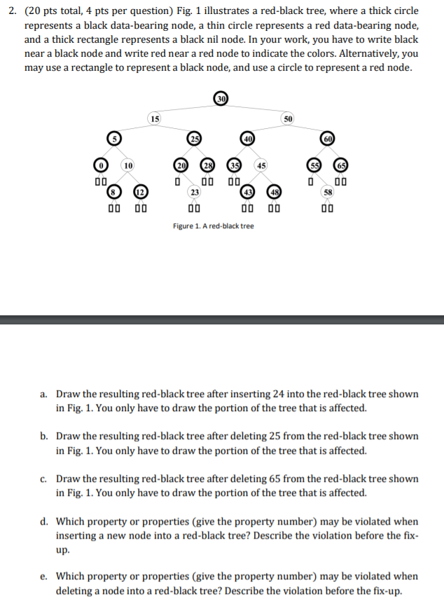 2. (20 pts total, 4 pts per question) Fig. 1 illustrates a red-black tree, where a thick circle represents a black data-beari