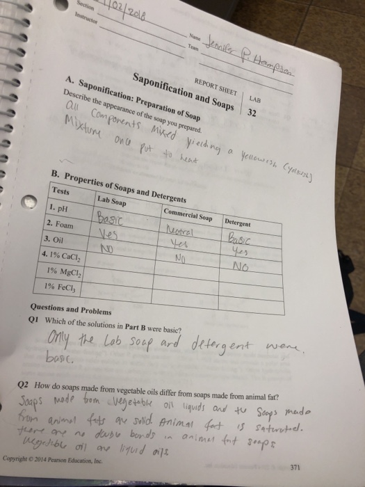Solved REPORT SHEET LAB Saponification And Soaps 32 A. Sa...