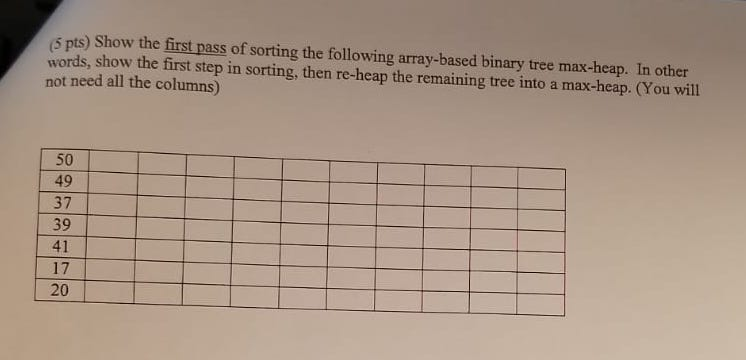 5 pts) Show the first pass of sorting the following array-based binary tree max-heap. In other words, show the first step in