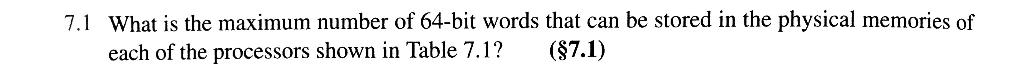 What is the maximum number of 64-bit words that can be stored in the physical memories of each of the processors shown in Tab