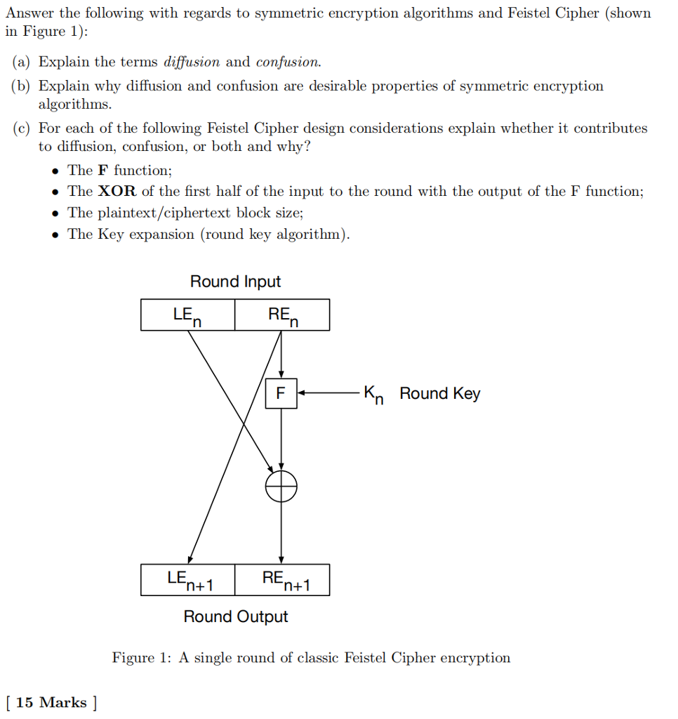 Answer the following with regards to symmetric encryption algorithms and Feistel Cipher (shown in Figure1 (a) Explain the terms diffusion and confusion. (b) Explain why diffusion and confusion are desirable properties of symmetric encryption algorithms (c) For each of the following Feistel Cipher design considerations explain whether it contributes to diffusion, confusion, or both and why? . The F function; The XOR of the first half of the input to the round with the output of the F function; . The plaintext/ciphertext block size; The Key expansion (round key algorithm) Round Input LE RE Kn Round Key LE RE n+1 n+1 Round Output Figure 1: A single round of classic Feistel Cipher encryption [ 15 Marks ]