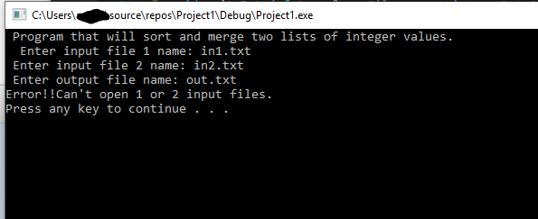 Ca Users sourcelreposProject1DebuglProjectl.exe Program that will sort and merge two lists of integer values. Enter input f