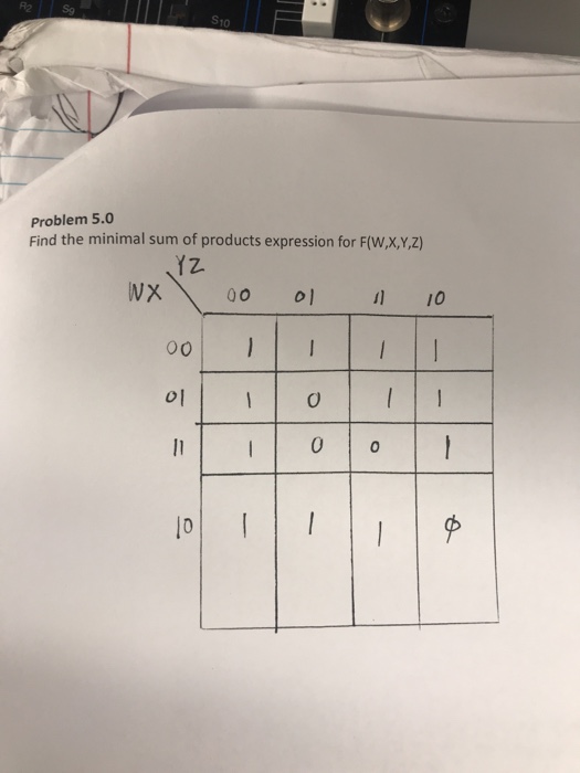 Sg Problem 5.0 Find the minimal sum of products expression for F(W,X,Y,Z) 00 0 10 01 0 0