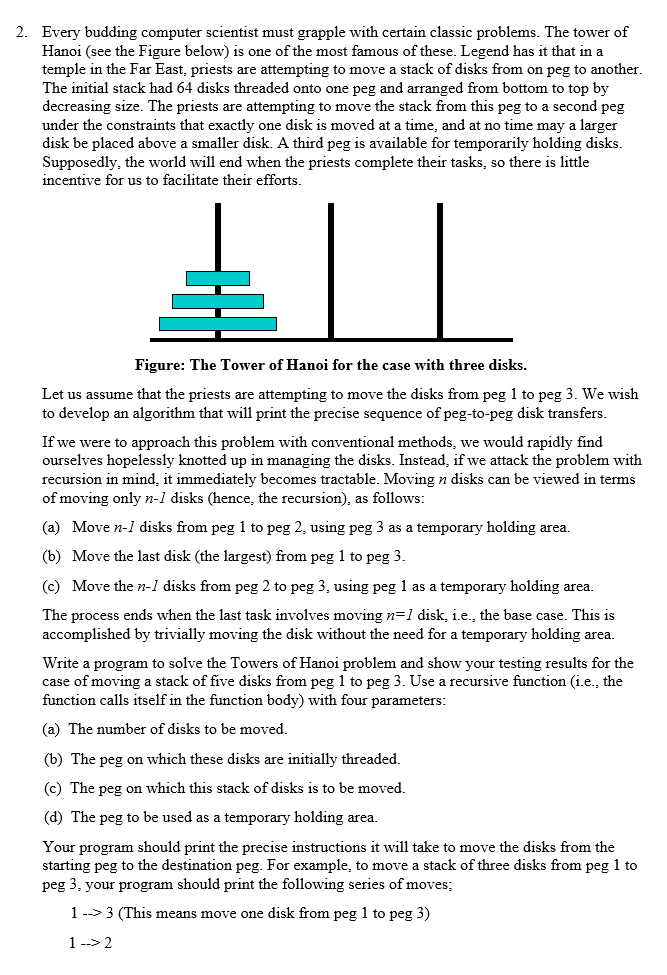 2. Every budding computer scientist must grapple with certain classic problems. The tower of Hanoi (see the Figure below) is