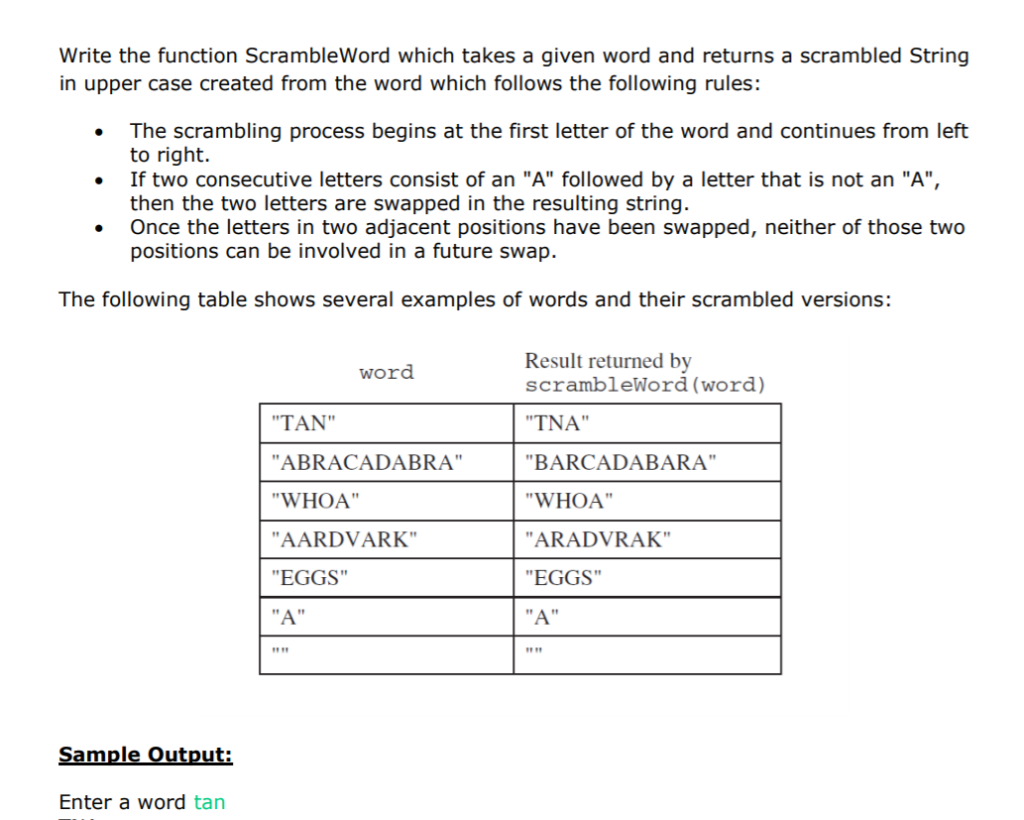 Write the function ScrambleWord which takes a given word and returns a scrambled String in upper case created from the word w