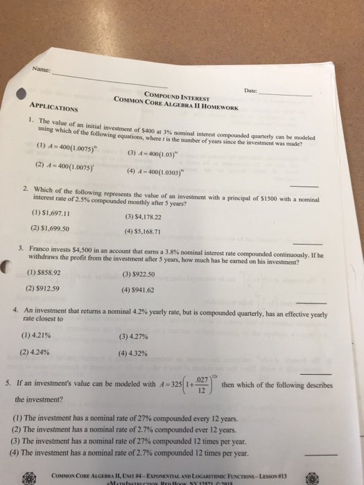Algebra 2 compound interest worksheet answer key picture