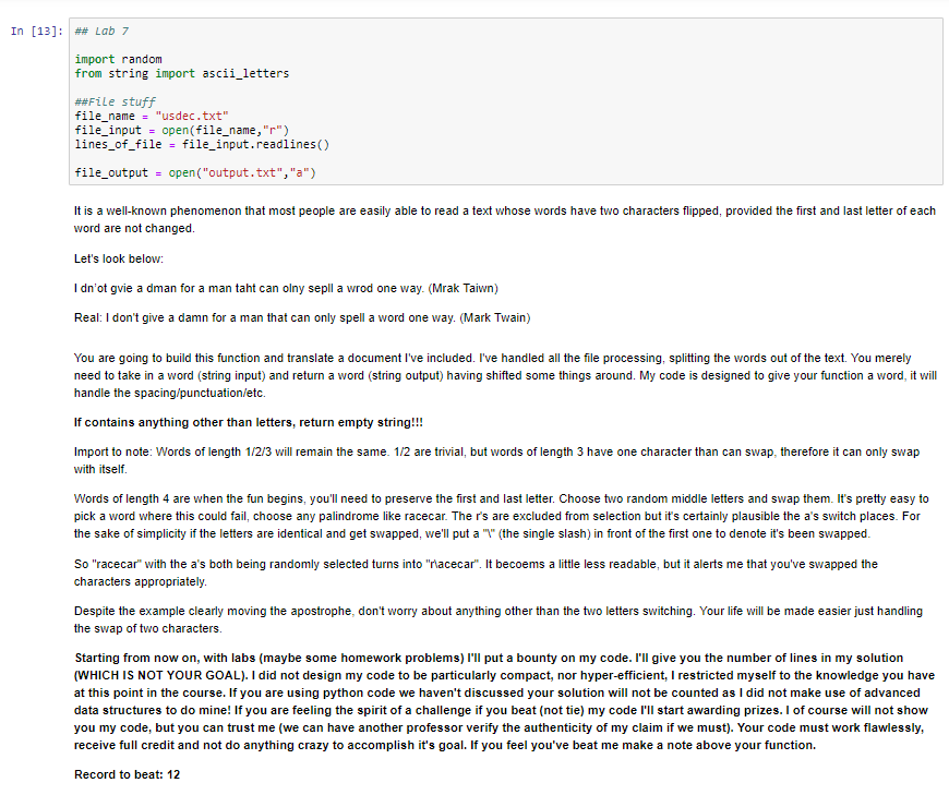 I In [13]| | ## Lab 7 import random from string import ascii_letters ##File stuff file nameusdec.txt file_input -open(file_
