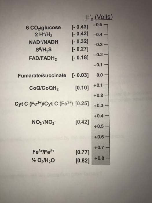 E Volts) 6 co2/glucose 0.43] -0.5 I-0.42] -0.4 NAD /NADH 0.32] -03 -0.2 -0.1 Fumarate/succinate 0.03] 0.0 [0.10] +0.1 2 H /H2 I- 0.27] FADIFADH2 0.18] S°/H2S CoQ/CoQH2 +0.2 Cyt C (Fe )Cyt C (Fe+) [0.25] +0.3- +0.4 +0.5 +0.6 No,INO2 [0.421 Fe3+/Fe2+ 4 0,H20 (0.82108 10.77) +07